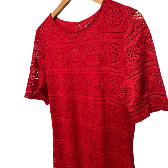 Sharagano Vibrant Red Lace Short Sleeve Midi Dress Size 6 - Picture 5 of 13